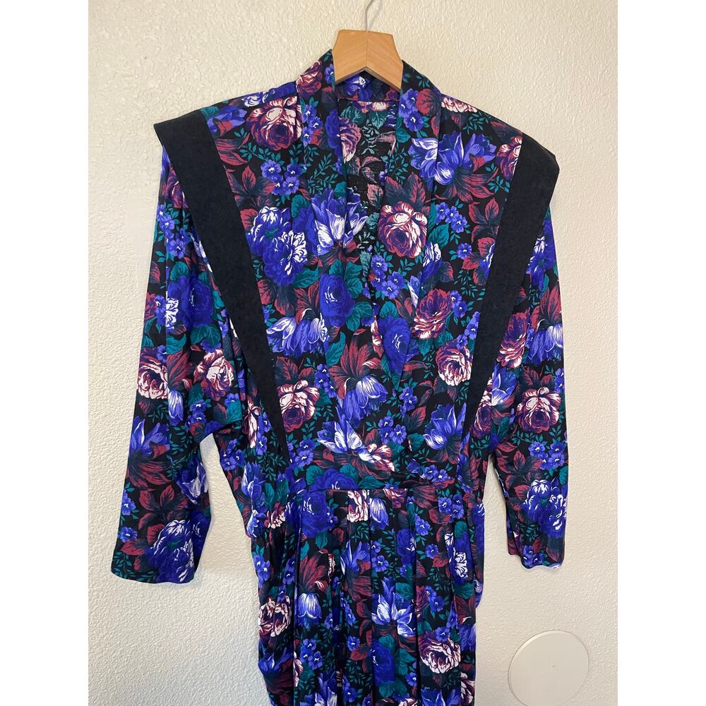 VTG 80's 90's Blue & Purple Floral Grandma Core V Neck Retro Long Sleeve Dress 4 - Picture 11 of 14